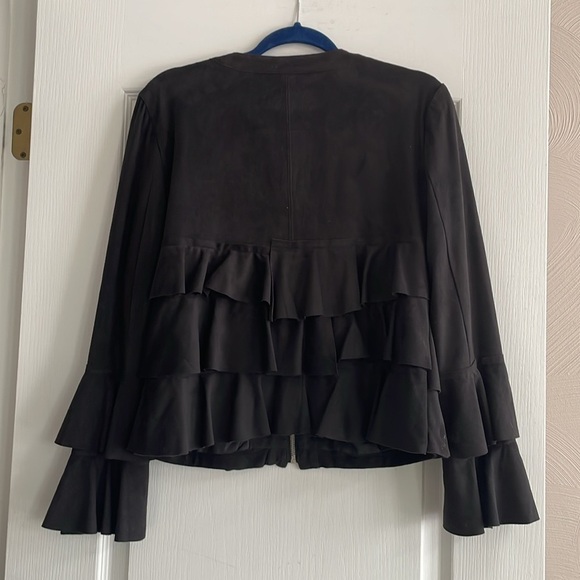 INC International Concepts Black Faux Suede Tiered Ruffle Jacket M Bell Sleeves - Picture 3 of 10